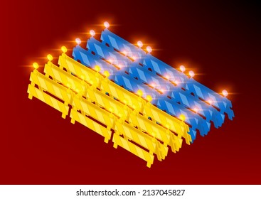 3D isometric traffic barriers with light in row, Ukraine national flag pattern shape, Repair Peace and Stop war crisis concept design illustration isolated on red gradients background, Editable stroke