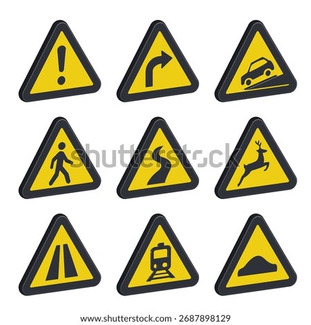 3D Isometric Traffic Warning Signs Set - Road Safety Alert Icons Collection, Danger Symbol Design