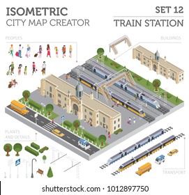 3d isometric Train station and city map constructor elements isolated on white. Build your own railway infographic collection. Vector illustration