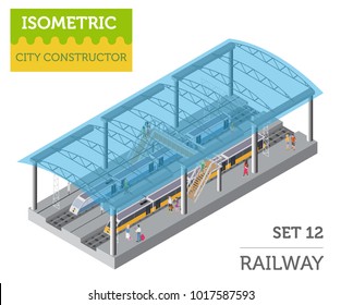 3d isometric Train station and city map constructor elements isolated on white. Build your own railway infographic collection. Vector illustration