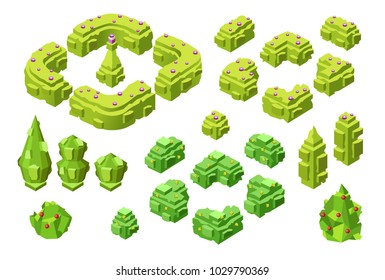 3D isometric trees and green hedges plants vector illustration for landscape design creating. Collection different flowering street plants and park decoration bushes in plastic construction set style
