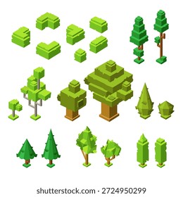 Ilustração vetorial de árvores isométricas 3D de ícones de construção de plástico. Coleção de diferentes plantas de rua e sebe de parque de carvalho, abeto ou árvores de bordo definido para projeto de paisagem criando