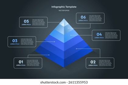 3D Isometric Triangle Pyramid Diagram Infographic Template with 6 Step in Minimal Clean Blue Chart on Black, Six Parts or Process for Successful Marketing Presentation Data Company Dark Website