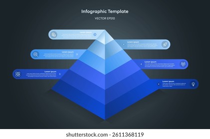 3D Isometric Triangle Pyramid Diagram Infographic Template with 6 Step in Minimal Clean Blue Chart on Black, Six Parts or Process for Successful Marketing Presentation Data Company Dark Website