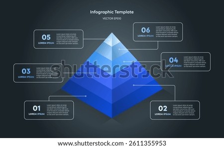 3D Isometric Triangle Pyramid Diagram Infographic Template with 6 Step in Minimal Clean Blue Chart on Black, Six Parts or Process for Successful Marketing Presentation Data Company Dark Website