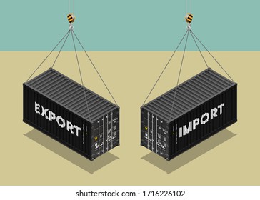 3D Isometrische 20 Fuß Container-Lieferung mit EXPORT und IMPORT Text. Große Metallcontainer 20 ft für den Transport von Fracht. Vektorillustration