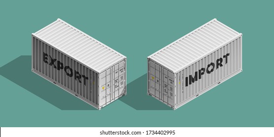 3D-Isometrische 20 Fuß Container-Lieferung mit EXPORT- und IMPORT-Text. Große Metallcontainer mit einer Länge von 20 ft für den Transport von Fracht. Vektor-Abbildung