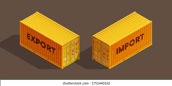 3D Isometrische 20 Fuß Container-Lieferung mit EXPORT und IMPORT Text. Große Metallcontainer 20 ft für den Transport von Fracht. Vektorgrafik