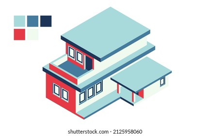 3d Isometric Of A Two Floors Building With Color Pallete For Design Element. Perspective Construction Of 2 Storey Real Estate With Balcony, Windows, Door And Terrace. House Vector Illustration