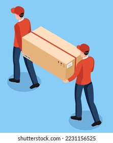 3D isometric two uniformed male lifting boxes to customers character for delivery and transport advertising concept design. Vector illustration eps10