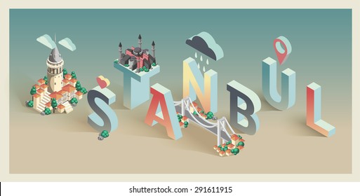 3d isometric typographic istanbul postcard