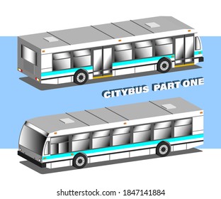 3D Isometric urban transport. City passenger bus in two projections. Part one