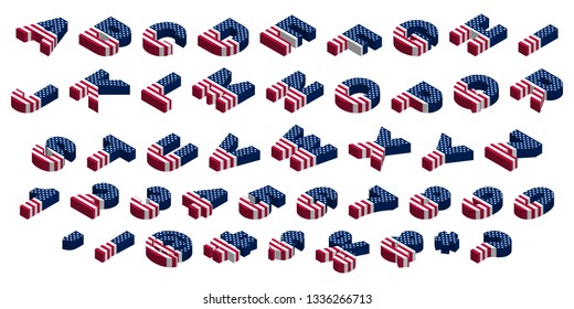 3d isometric usa flag font, letters, numbers, symbols and signs, stock vector illustration clip art