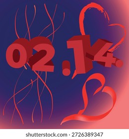 Composición isométrica 3D del día de San Valentín con letras y números volumétricos. Fondo festivo romántico con corazones y tipografía creativa.