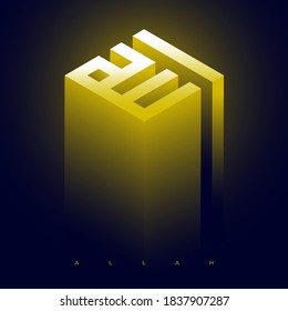 3d isometric vector card in arabian style. Arabic sacred gold calligraphy geometric Kufi. calligraphy isometric Kufi