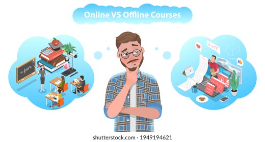 3D Isometric Vector Concept of Online Courses vs Offline Courses.