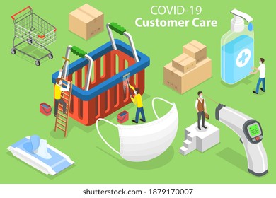 3D Isometric Vector Conceptual Illustration of Covid-19 Customer Care, Shop Staff are Disinfecting Trolleys and Baskets, Checking Customer Temperature and Other Virus Spreading Prevention Measures