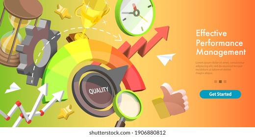 3D Isometric Vector Conceptual Illustration of Efficient Performance Management System, Increasing Efficiency Level.