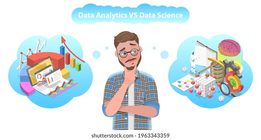3D Isometric Vector Conceptual Illustration of Data Science vs Data Analytics.
