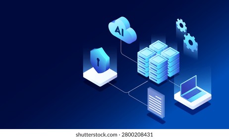 3D Isometric vector illustration of an AI cloud and datacenter server protected by security shield. Futuristic digital cyber security network background with laptop, document and copy space.