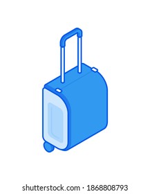 3d ilustración vectorial isométrica de la maleta de ruedas de dibujos animados de color azul con mango que representa el concepto de viaje y equipaje aislado en fondo blanco