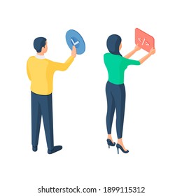 3d isometric vector illustration of cartoon characters of man and woman pushing virtual buttons of electronic system isolated on white background