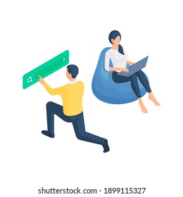3d isometric vector illustration of cartoon male character typing on search bar of web page while woman browsing laptop isolated on white background