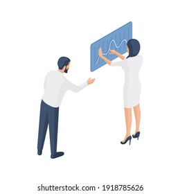 3d isometric vector illustration of cartoon male and female business analysts examining graph with financial data on monitor of digital device isolated on white background