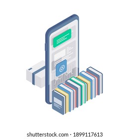 3d isometric vector illustration with colorful books arranged near modern mobile phone with apps representing electronic library concept isolated on white background