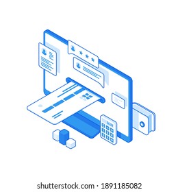 3d isometric vector illustration of computer monitor with inserted credit card and calculator representing contemporary online payment service isolated on white background