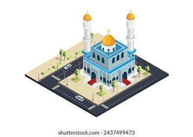 3d isometric vector illustration of congregational prayer at a mosque in the middle of the city near the main road. Suitable for Diagrams, Infographics, Book Illustration