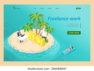 3D isometric. Vector illustration of freelance work in the sea, under a palm tree when everyone is resting. Landing Page Concept.