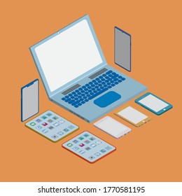 3D Isometric Vector illustration Gadget include laptop,phones,and tab. Can be used as mockup or presentation project needs.