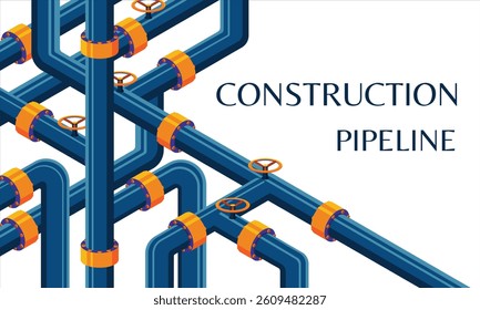 3D Isometric Vector Illustration of Industrial Pipeline System – Oil and Gas Construction, Engineering Project, and Urban Infrastructure Concept