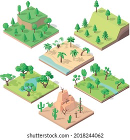 3d isometric vector illustration Lowpoly concept. Lands and trees set.