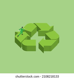 3D Isometric vector illustration of a man runs on a loop of RECYCLE Symbol. Recycling cycle concept of environmental concern and protection, Earth day,  save the planet, Eco friendly, sustainability.