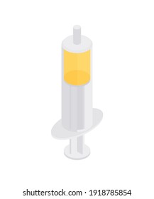 3d isometric vector illustration of medical syringe without needle filled with yellow liquid substance representing medicine and science concept isolated on white background