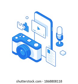 3d isometric vector illustration of mobile phone with photo camera and microphone for web banner design representing concept of video blog and other content creation service isolated on white