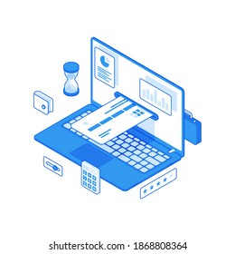 3d isometric vector illustration of modern laptop with financial charts and inserted credit card representing convenient and safe online banking service isolated on white background