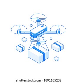 3D-isometrische Vektorgrafik des modernen Drohnenflugs mit einer Verpackung, die einen schnellen Lieferservice für die Handelsindustrie darstellt, einzeln auf weißem Hintergrund