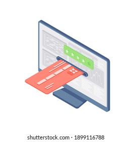 3d isometric vector illustration of modern computer monitor with inserted credit card and financial charts representing online transaction service isolated on white background