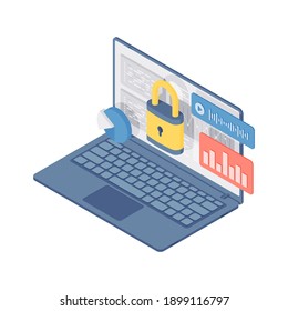 3d ilustración vectorial isométrica de portátil moderno con símbolo de bloqueo en monitor con gráficos financieros y diagramas que representan el concepto de seguridad en línea aislado en fondo blanco