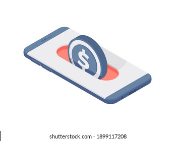 3d isometric vector illustration of modern mobile phone with inserted coin with dollar symbol representing internet banking service isolated on white background