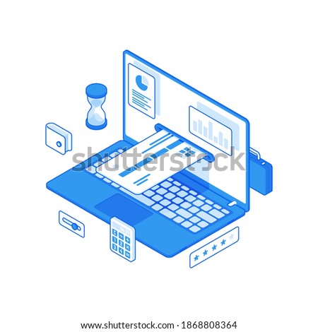 3d isometric vector illustration of modern laptop with financial charts and inserted credit card representing convenient and safe online banking service isolated on white background