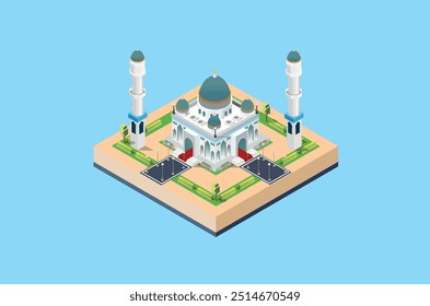 Ilustração vetorial isométrica 3d da mesquita no meio da cidade perto da estrada principal. Adequado para Diagramas, Infográficos, Ilustração de Livro