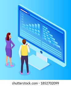 3D isometrische Vektorgrafik. Büroangestellte, die sich den Bildschirm des Computers mit Statistik, Finanzaudit anschauen. Guy hält Papiere mit Finanzplan in der Hand. Menschen analysieren Strategie, Analytik