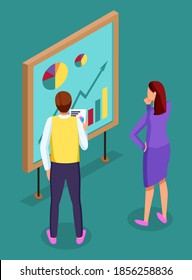3d isometric vector illustration. Office workers looking at board with growing graphics and pie charts. Guy holding papers with financial plan in hand. People analysing statistic, strategy, analytics