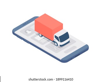 3d Isometric Vector Illustration With Online Delivery Service Concept Showing Modern Mobile Phone And Red Truck Isolated On White Background