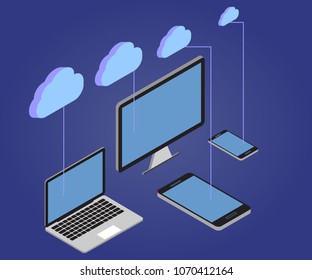 3D Isometric vector illustration with pc monitor, laptop, tablet, phone. Cloud computing technology users network configuration. Flat isometric concept with cloud storage information.
