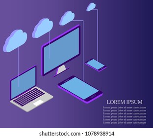 3D Isometric vector illustration with pc monitor, laptop, tablet, phone. Cloud computing technology users network configuration. Flat isometric concept with cloud storage information.